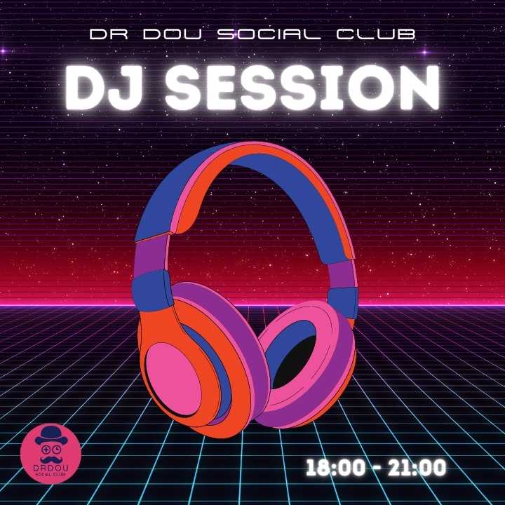 Poster of dj session in Dr Dou social club. Headphones