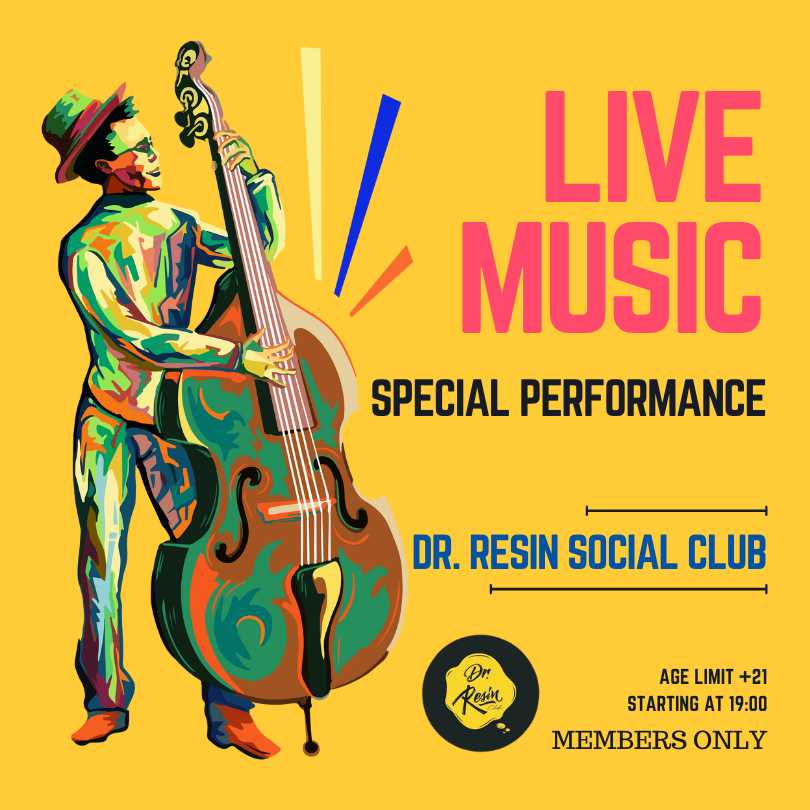 Poster of live music contrabass performance in Dr. Resin social club