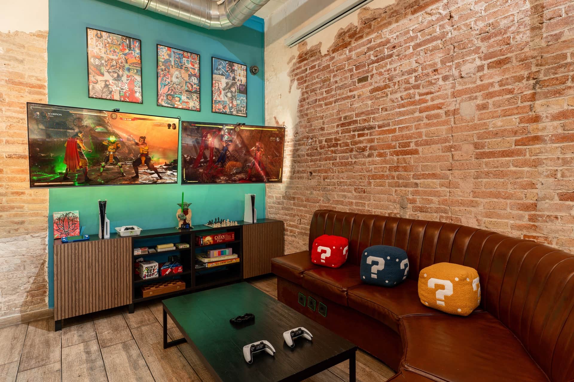 Gaming lounge with consoles in weed club 1UP Barcelona